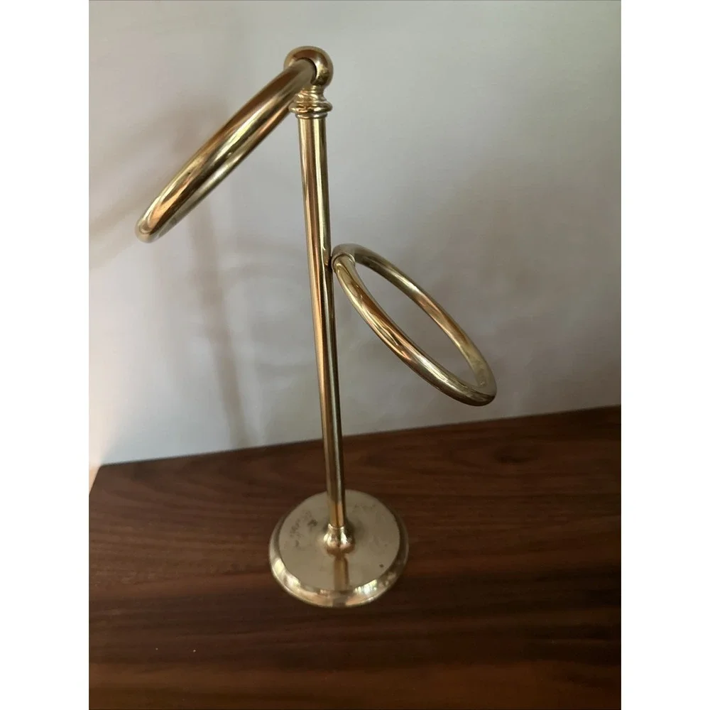 VTG Brass Double Towel Ring Stand Freestanding Vanity Bath  Aged Patina 12